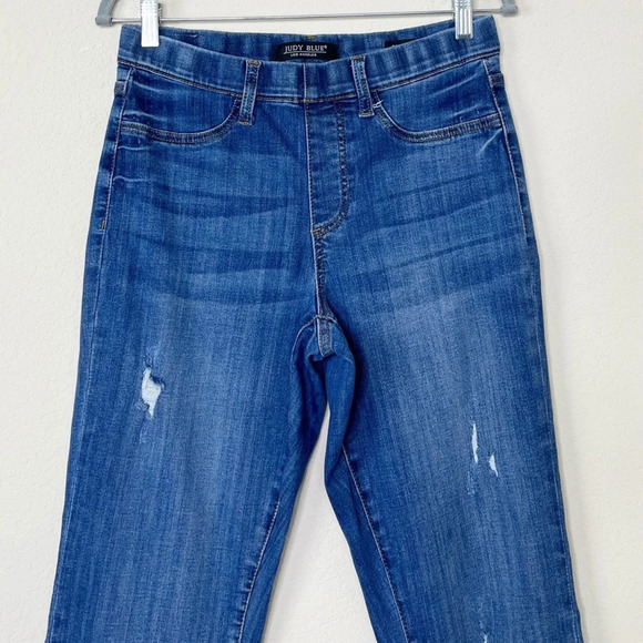 Judy Blue High Waist Distressed Boyfriend Fit Pull On Blue Denim Jeans - Picture 5 of 14